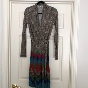 Maggy L Long Sleeve Diamond Panel Wrap Dress in Multi Colors